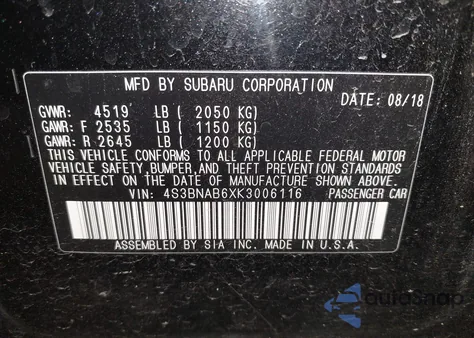 2019 Subaru Legacy 2.5I from USA, damaged, VIN 4S3BNAB6XK3006116